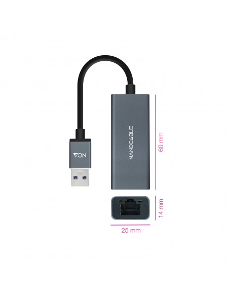 Nanocable Conversor USB 3.0 a Ethernet Gigabit 10 100 1000 Mbps, Aluminio, Gris, 15 cm