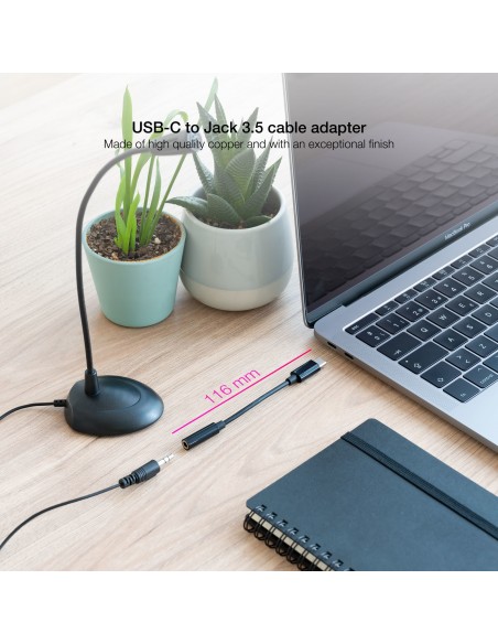 Nanocable Cable Adaptador Audio USB-C M a Jack 3.5 H, 11 cm, Negro