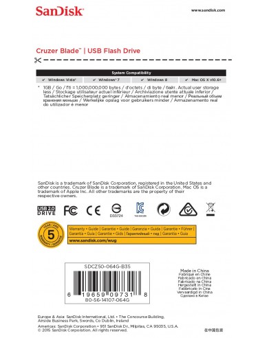 SanDisk Cruzer Blade unidad flash USB 64 GB USB tipo A 2.0 Negro, Rojo
