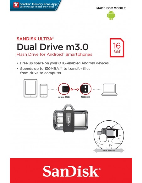 SanDisk Ultra Dual m3.0 unidad flash USB 16 GB USB Type-A   Micro-USB 3.2 Gen 1 (3.1 Gen 1) Negro, Plata, Transparente