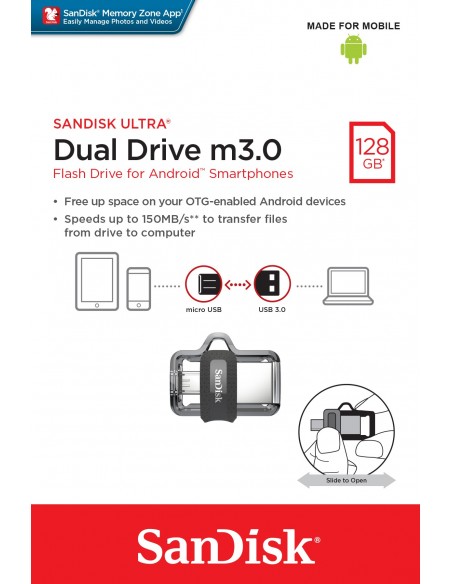 SanDisk Ultra Dual m3.0 unidad flash USB 128 GB USB Type-A   Micro-USB 3.2 Gen 1 (3.1 Gen 1) Negro, Plata, Transparente