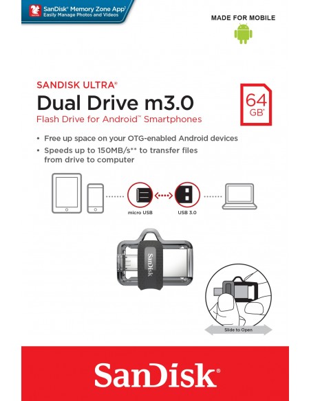 SanDisk Ultra Dual m3.0 unidad flash USB 64 GB USB Type-A   Micro-USB 3.2 Gen 1 (3.1 Gen 1) Negro, Plata, Transparente