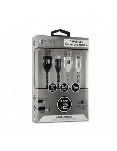 SUBBLIM PACK 2 CABLES USB A MICRO USB (2.4A) 1M BLACK SILVER