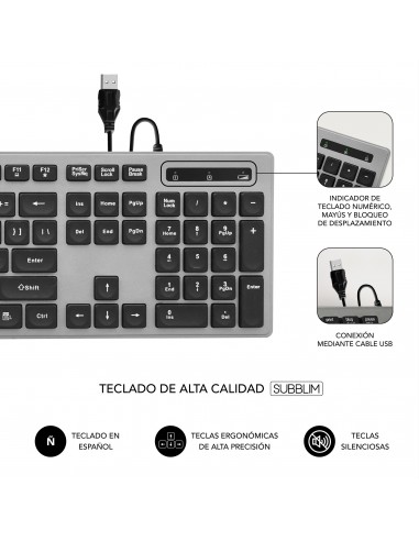 SUBBLIM Teclado Ergonómico con cable USB Plano Silencioso Gris Negro Ergo