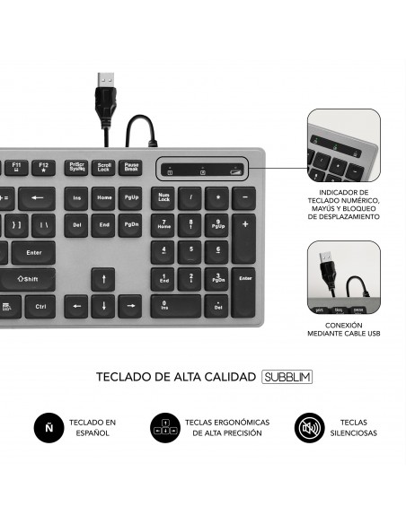 SUBBLIM Teclado Ergonómico con cable USB Plano Silencioso Gris Negro Ergo