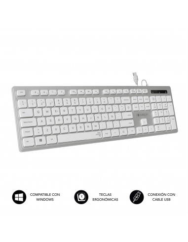 SUBBLIM Teclado Ergonómico con cable USB Plano Silencioso Plateado Blanco Ergo
