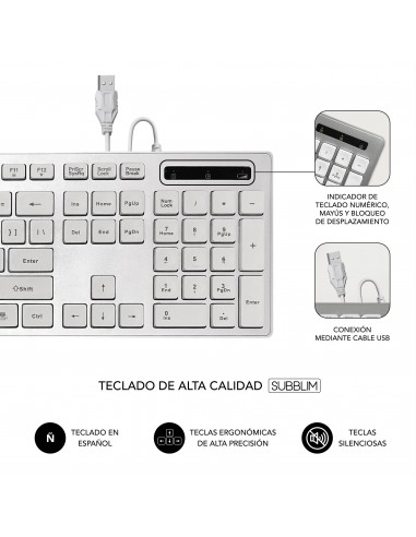 SUBBLIM Teclado Ergonómico con cable USB Plano Silencioso Plateado Blanco Ergo