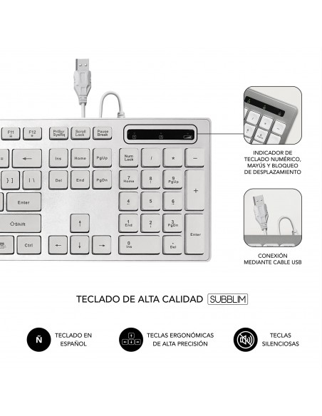 SUBBLIM Teclado Ergonómico con cable USB Plano Silencioso Plateado Blanco Ergo SUBBLIM Teclado Ergonómico con cable USB Plano Silencioso Plateado Blanco Ergo