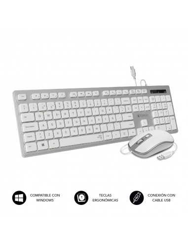 SUBBLIM Teclado Ergonómico y ratón con cable USB Plano Silencioso Plateado Blanco Ergo