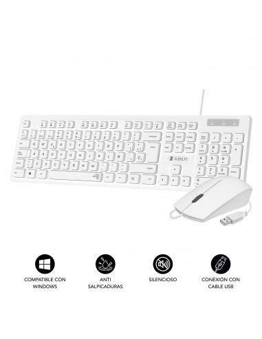 SUBBLIM Teclado Ergonómico y ratón Combo Business Slim Silencioso con cable USB Blanco