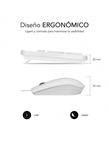SUBBLIM Teclado Ergonómico y ratón Combo Business Slim Silencioso con cable USB Blanco