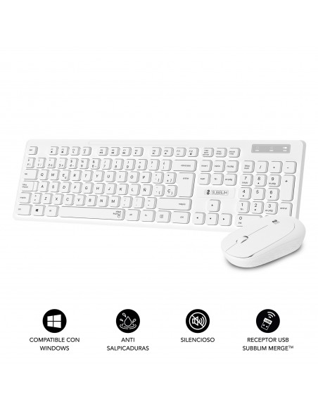 SUBBLIM Teclado Ergonómico y ratón Combo Business Slim Silencioso Inalámbrico 2.4G Blanco