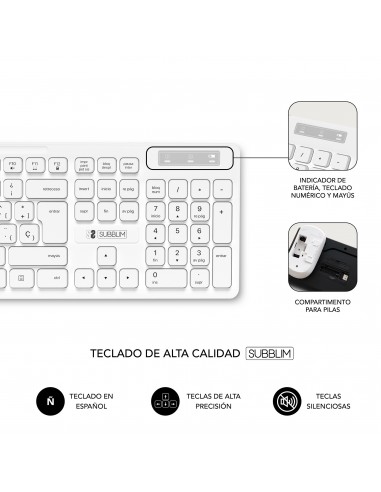 SUBBLIM Teclado Ergonómico y ratón Combo Business Slim Silencioso Inalámbrico 2.4G Blanco