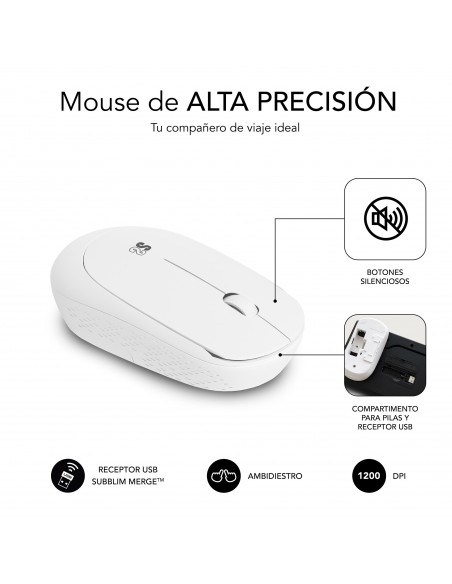 SUBBLIM Teclado Ergonómico y ratón Combo Business Slim Silencioso Inalámbrico 2.4G Blanco