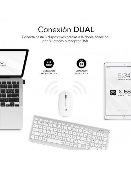 SUBBLIM Teclado con Ratón Bluetooth + 2.4G Combo Dual Prestige Extendido Plata Blanco