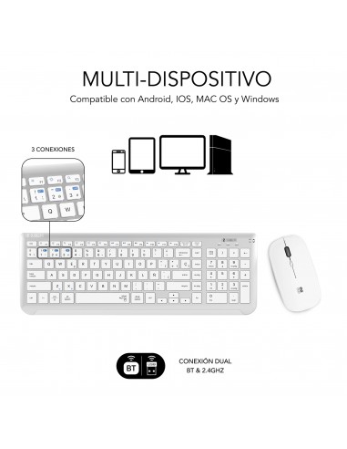 SUBBLIM Teclado con Ratón Bluetooth + 2.4G Combo Dual Prestige Extendido Plata Blanco