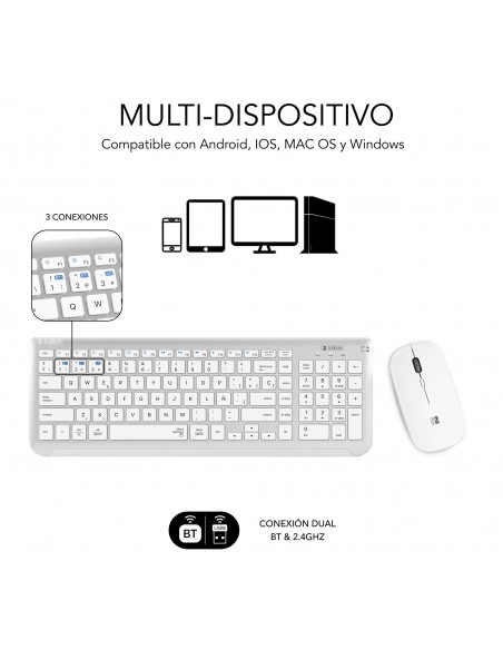 SUBBLIM Teclado con Ratón Bluetooth + 2.4G Combo Dual Prestige Extendido Plata Blanco