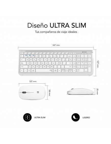 SUBBLIM Teclado con Ratón Bluetooth + 2.4G Combo Dual Prestige Extendido Plata Blanco