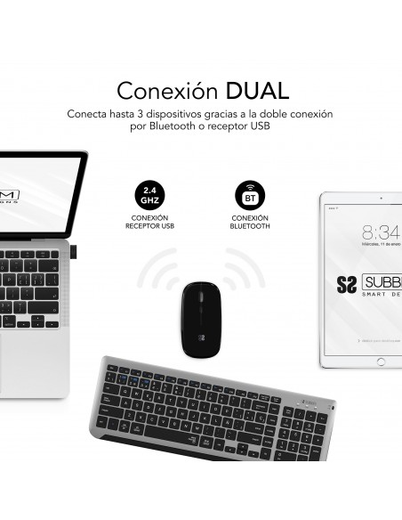 SUBBLIM Teclado con Ratón Bluetooth + 2.4G Combo Dual Prestige Extendido Gris Negro