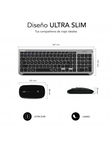 SUBBLIM Teclado con Ratón Bluetooth + 2.4G Combo Dual Prestige Extendido Gris Negro