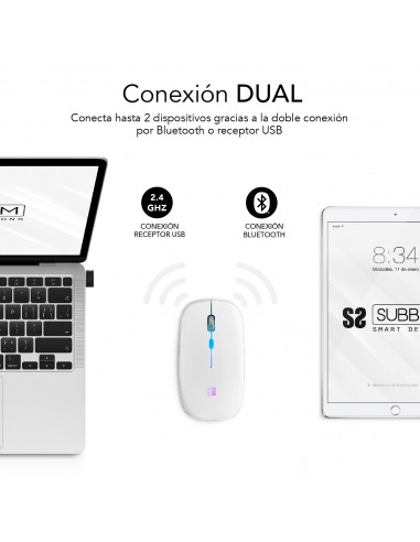 SUBBLIM Ratón Inalámbrico Bluetooth + RF RGB LED Dual Flat Mouse White