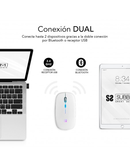 SUBBLIM Ratón Inalámbrico Bluetooth + RF RGB LED Dual Flat Mouse White