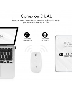 SUBBLIM Ratón Óptico Inalámbrico 2.4G y Bluetooth Dual Flat Mouse Recargable Blanco 2