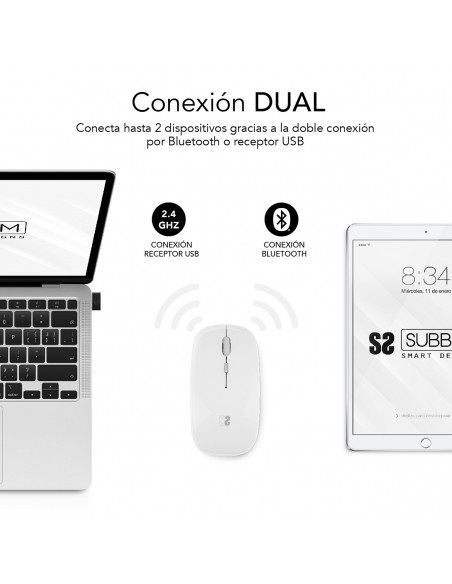 SUBBLIM Ratón Óptico Inalámbrico 2.4G y Bluetooth Dual Flat Mouse Recargable Blanco