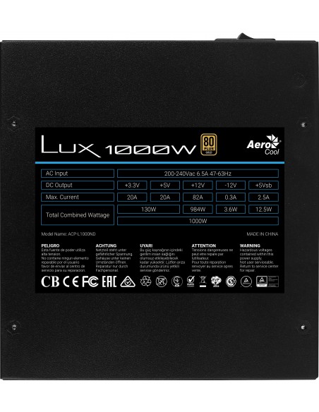 Aerocool LUX1000 Fuente Alimentación PC 1000W 80 Plus Gold 90% Eficiencia Negro