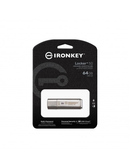 Kingston Technology IronKey Locker+ 50 unidad flash USB 64 GB USB tipo A 3.2 Gen 1 (3.1 Gen 1) Plata