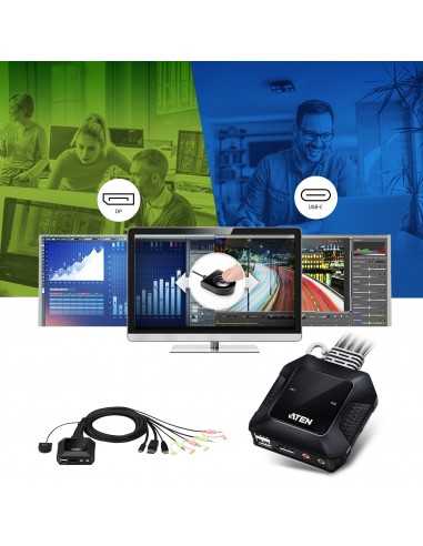 ATEN Switch KVM en formato cable híbrido DisplayPort de 2 puertos USB-C