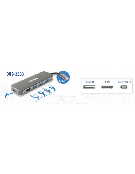 D-Link DUB-2333 base para portátil y replicador de puertos Alámbrico USB Tipo C Gris