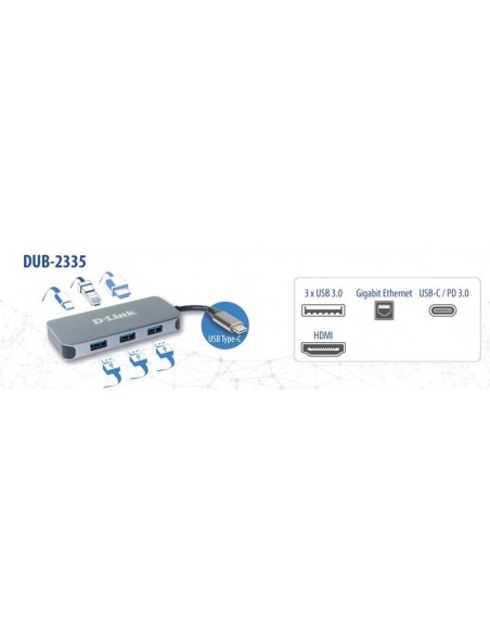 D-Link DUB-2335 base para portátil y replicador de puertos Alámbrico USB Tipo C Gris