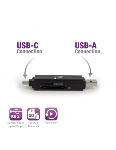 Ewent EW1075 lector de tarjeta USB 3.2 Gen 1 (3.1 Gen 1) Type-A Type-C Negro