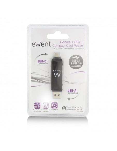 Ewent EW1075 lector de tarjeta USB 3.2 Gen 1 (3.1 Gen 1) Type-A Type-C Negro