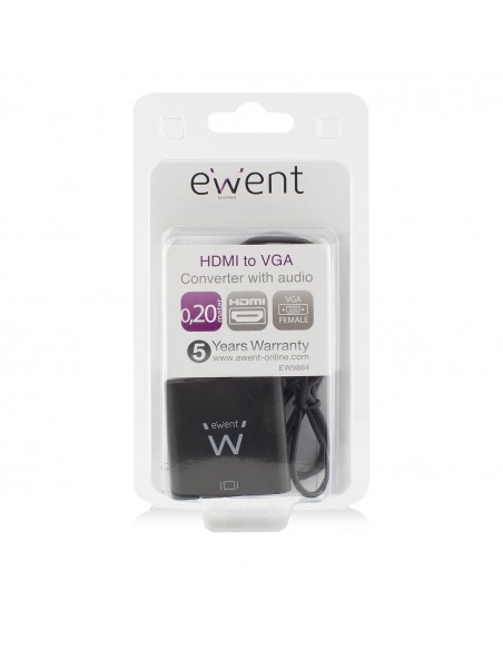 Ewent EW9864 adaptador de cable de vídeo 0,2 m HDMI VGA, 3.5mm Negro