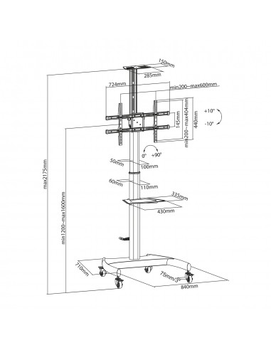 AISENS Soporte de Suelo ECO con Ruedas y Manivela, Bandeja para DVD y Soporte de Cámara para Monitor TV 50Kg de 37-70, Negro