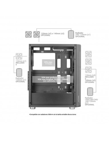 Mars Gaming MC-F Negro, Semitorre Gaming ATX, Ventana Completa Cristal Templado, Frontal Metal-Mesh, 4x Ventiladores ARGB 120mm