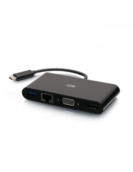 C2G Adaptador multipuerto de USB-C® a HDMI®, VGA, USB-A y RJ45 - 4K 30 Hz - Negro