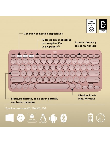 Logitech Pebble Keys 2 K380s teclado RF Wireless + Bluetooth QWERTY Español Rosa
