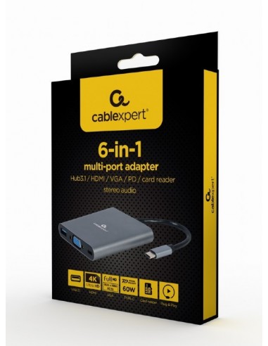 Gembird A-CM-COMBO6-01 base para portátil y replicador de puertos USB 3.2 Gen 1 (3.1 Gen 1) Type-C Gris