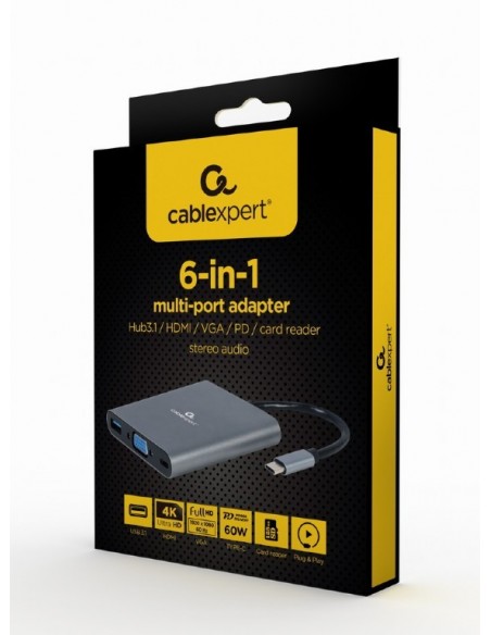 Gembird A-CM-COMBO6-01 base para portátil y replicador de puertos USB 3.2 Gen 1 (3.1 Gen 1) Type-C Gris Gembird A-CM-COMBO6-01 base para portátil y replicador de puertos USB 3.2 Gen 1 (3.1 Gen 1) Type-C Gris