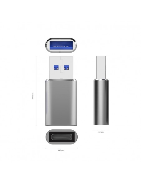 AISENS Mini Adaptador USB 3.2 Gen2   USB 2.0 3A, Tipo USB-C H-A M, Gris