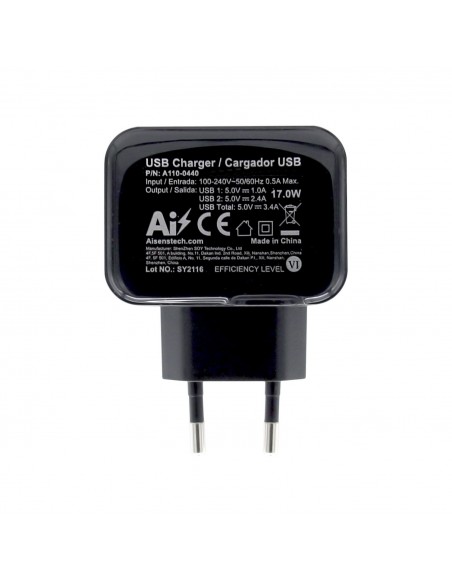 AISENS Cargador USB 17W 5V 3.4A, 2xUSB Con Control AI, Negro