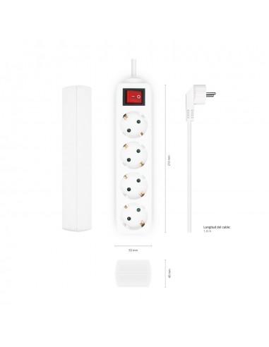 AISENS Base Multiple 4 Tomas con Interruptor con Cable 3×1.5mm2, Blanco, 1.4 m