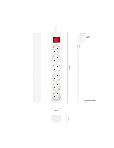 AISENS Base Multiple 6 Tomas Con Interruptor Con Cable 3x1.5mm2, Blanco, 1.4m