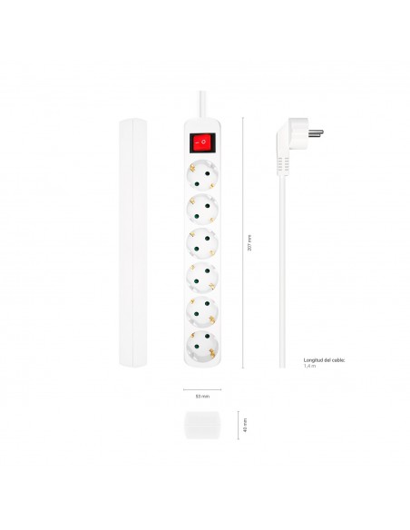 AISENS Base Multiple 6 Tomas Con Interruptor Con Cable 3x1.5mm2, Blanco, 1.4m