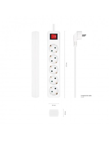 AISENS Base Multiple 5 Tomas con Interruptor con Cable 3×1.5mm2, Blanco, 1.4 m