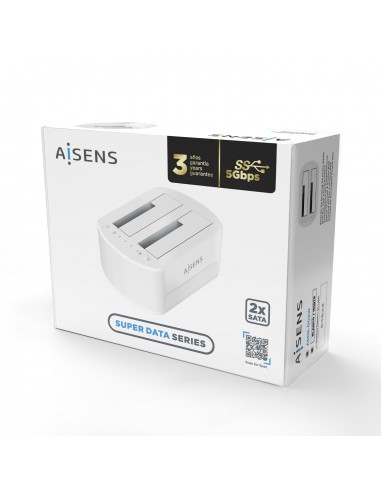 AISENS Estacion de Docking de Doble Bahia ASDS-D02W SATA 2.5 3.5 a USB 3.0 3.1 Gen1, Clone, Blanca