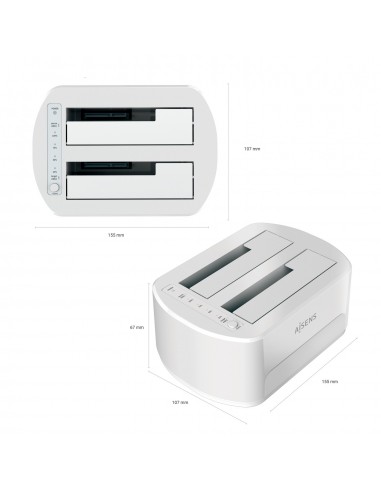 AISENS Estacion de Docking de Doble Bahia ASDS-D02W SATA 2.5 3.5 a USB 3.0 3.1 Gen1, Clone, Blanca